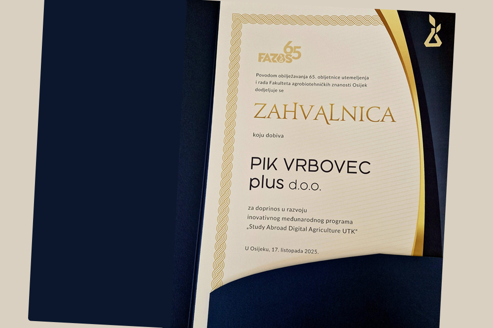PIK Vrbovec primio zahvalnicu Fakulteta agrobiotehničkih znanosti Osijek
